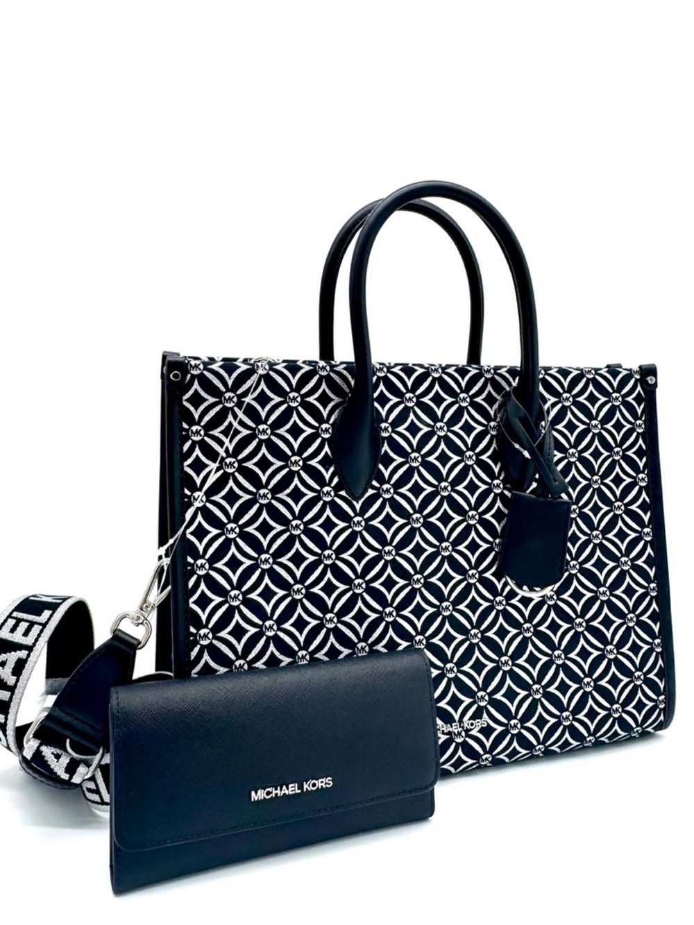 Michael Kors Medium Mirella Tote Bag & Large Trifold Wallet - Black /Silver